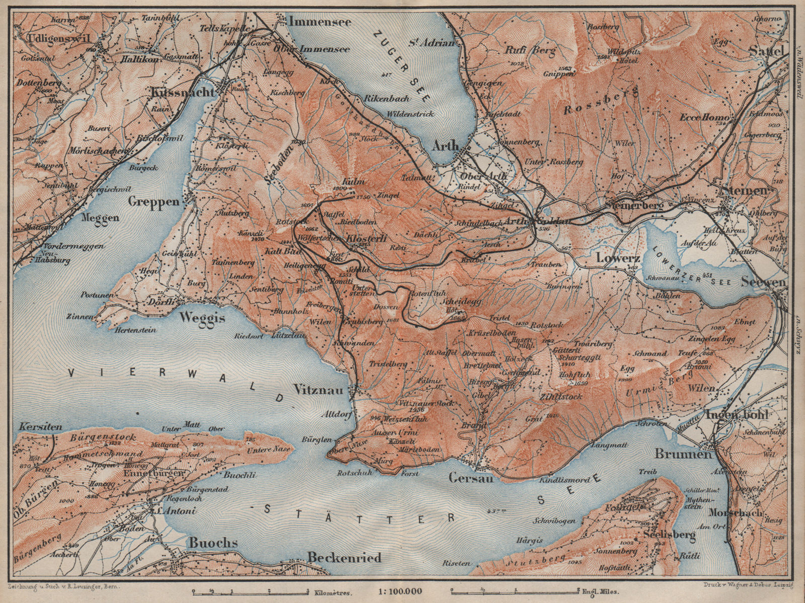 THE RIGI. Vitznau Lowerz Immensee Arth Gersau Bekenried. Topo-map 1907 old